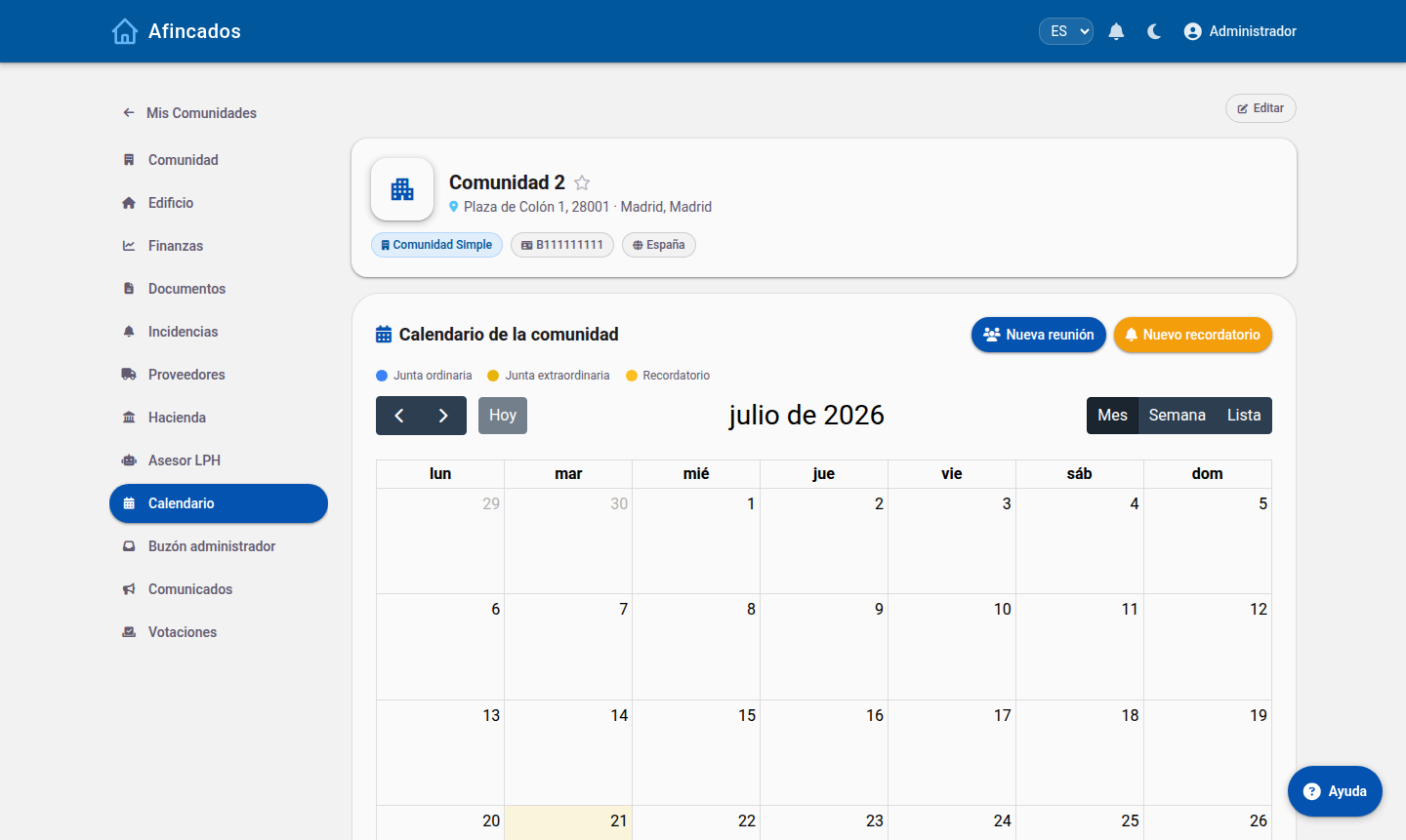 Calendario de la comunidad con el botón Nueva reunión