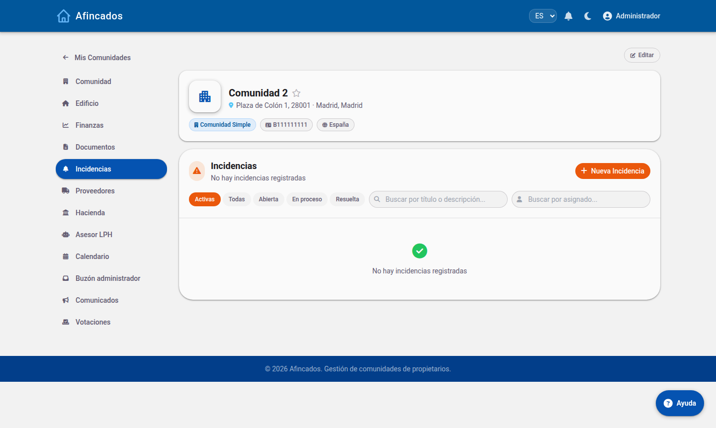 Listado de incidencias con filtros y asignaciones